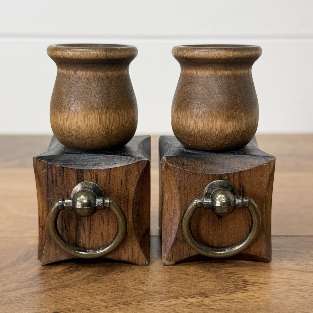 Pair Of Primitive Wood Candle Holders Cottage Core Medieval Rustic Prairie Decor